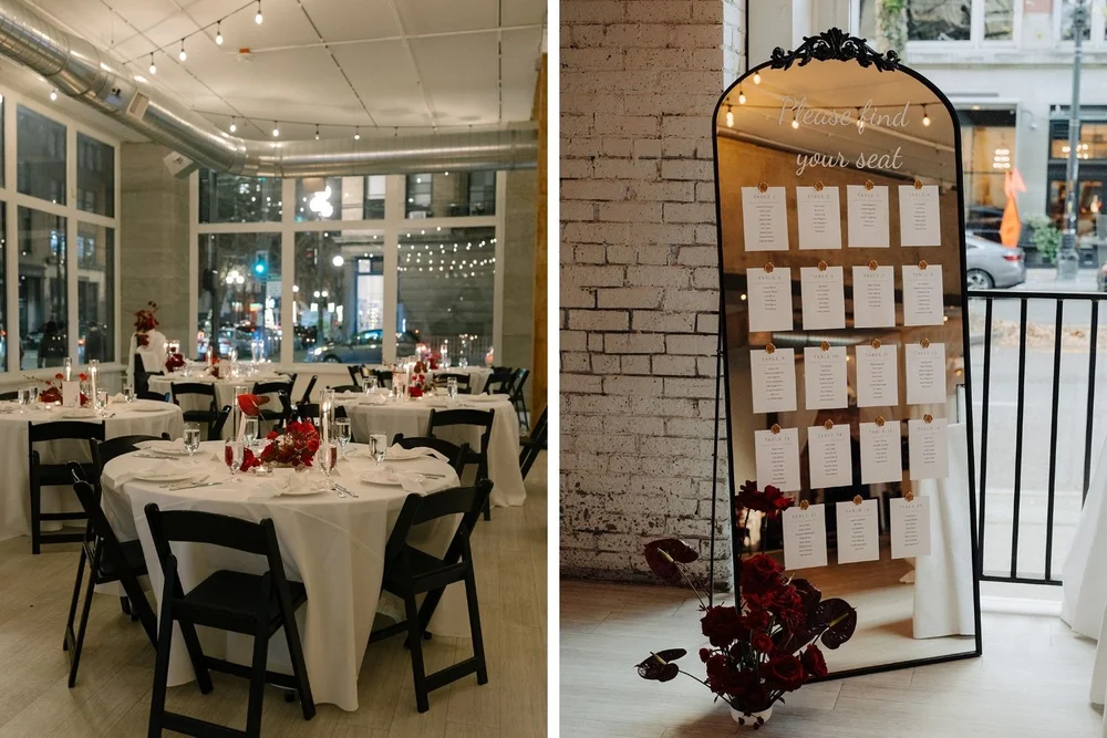 Mirror seating chart and wedding reception setup at THE 101 Seattle winter wedding