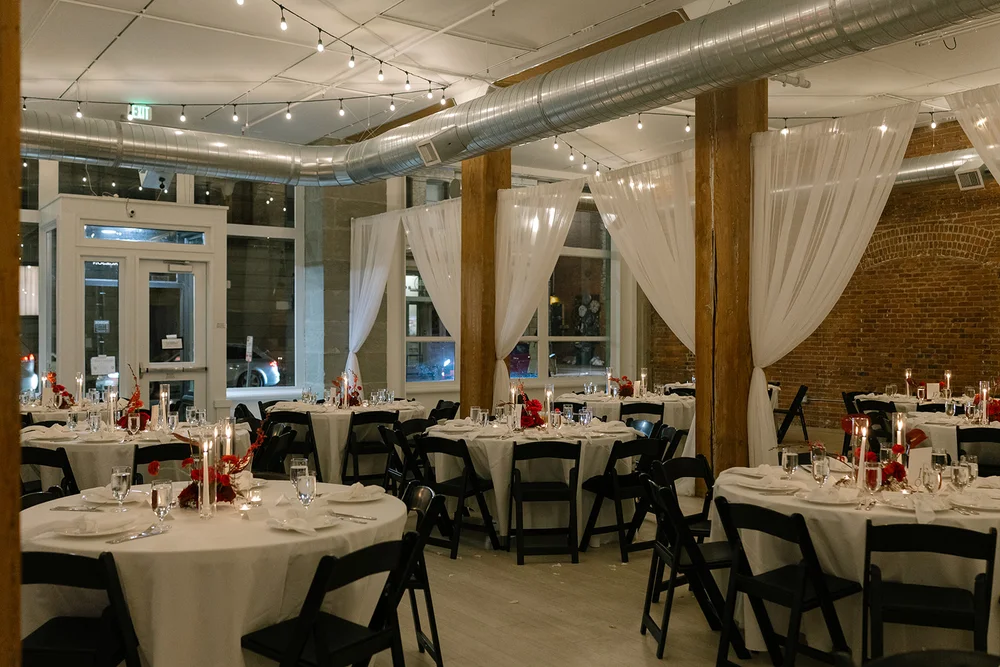Monochromatic red floral wedding reception at THE 101 venue in Seattle WA