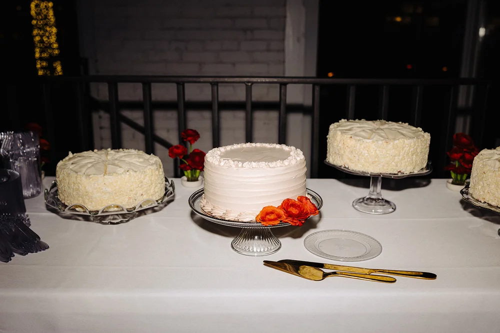 Wedding cheesecake dessert display at Sophie and Joey's winter wedding at THE 101 in Seattle