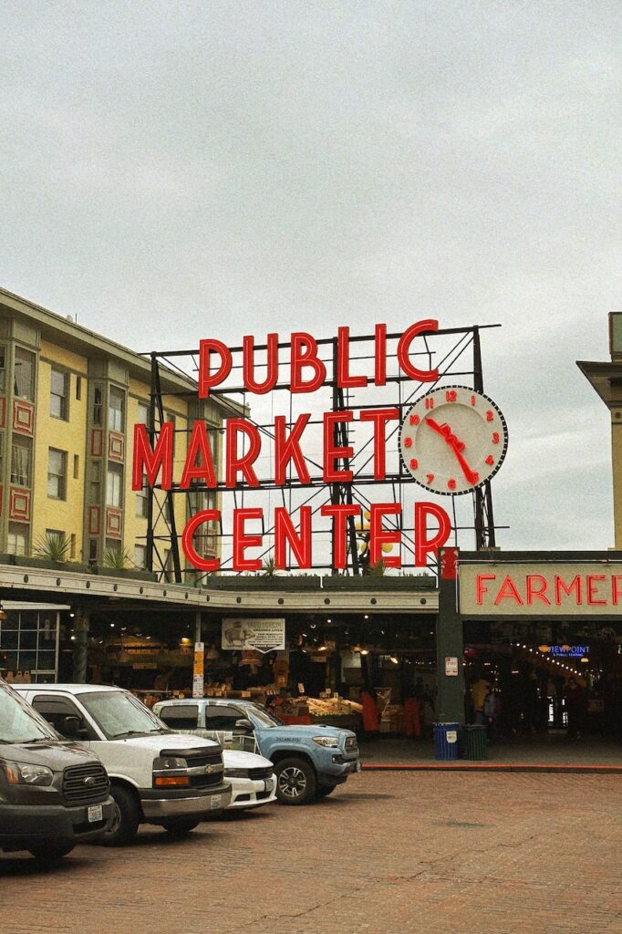 The iconic Public Market Center sign in front of Pike Place Market in Seattle, Washington