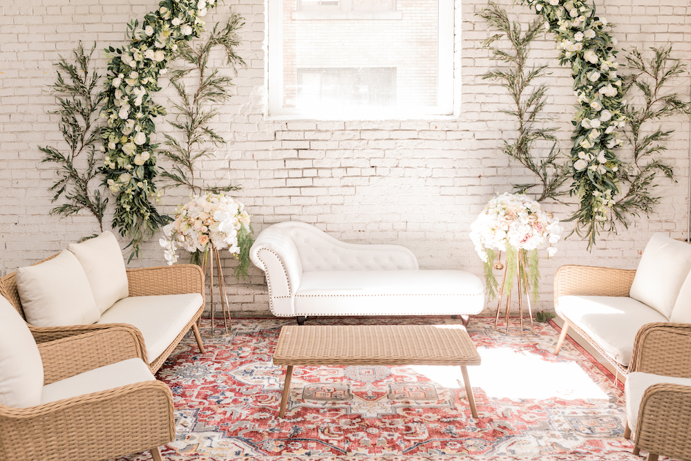 Bright and beautiful lounge set at an Indian wedding in Seattle, Washington