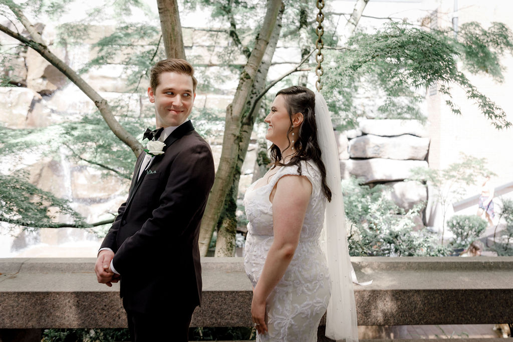 Bride and groom first look in Pioneer Square, Seattle