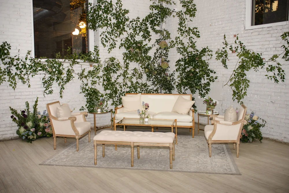 Lounge set with greenery behind it