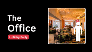 Holiday party graphic inspired by The Office TV show with THE 101'S Seattle office holiday party photo in the background.