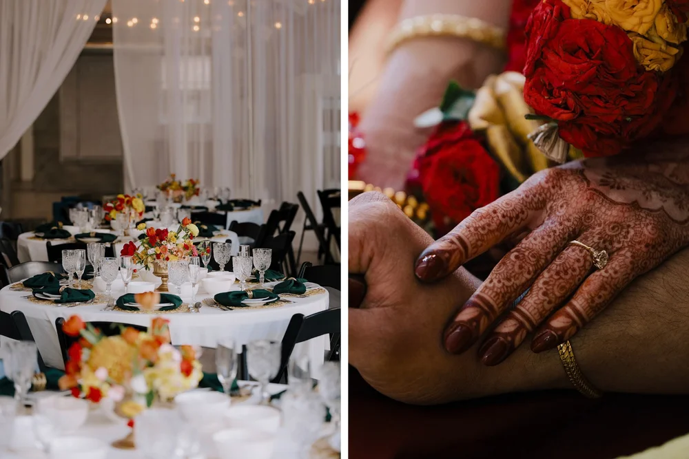 This is a collage of two images of an Eastern wedding reception and henna details from an event at THE 101 in Seattle